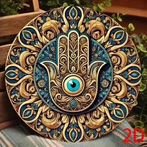 Vintage Hamsa Hand & Evil Eye Wall Art - Artistic French Print - Stunning Blue, Gold & Green Mandala Design with Intricate Hindu Patterns - 1PC Art Wall Decoration