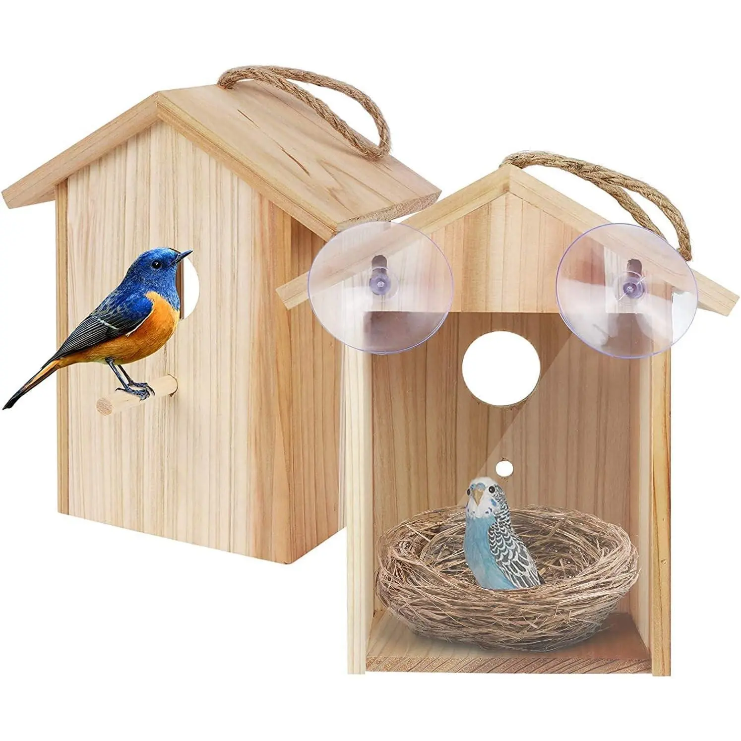 Outdoor Wooden Window Bird House - Strong Suction Cup, Lanyard, 21x13x10cm Transparent Design, Easy Observation, Easy Cleaning, Single Unit for Small Birds, Ideal Gift for Kids