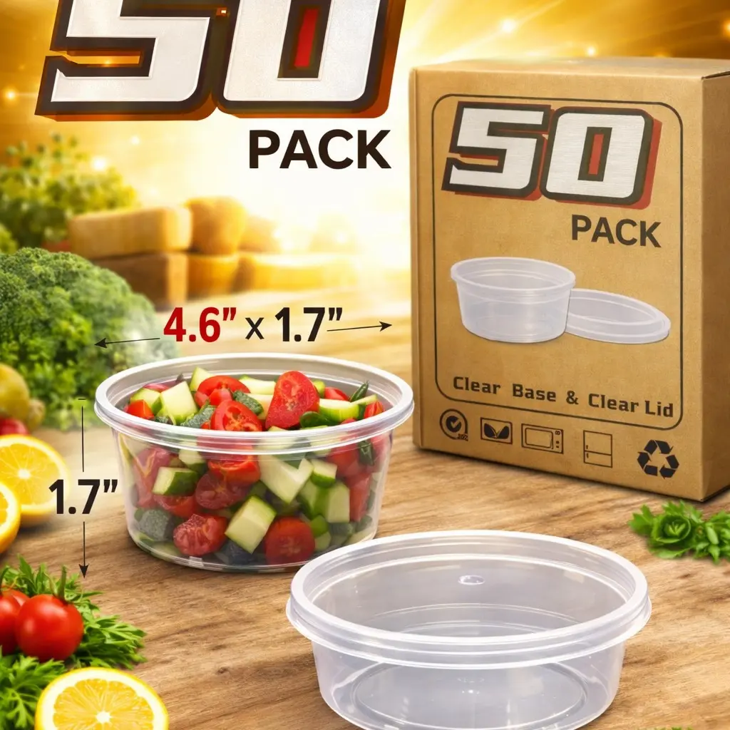 12oz Clear Plastic Deli Containers with Lids, 50 Pack Food Storage Cups for Soup, Sauce, Slime, Snacks and Meal Prep, Leak Resistant Disposable Round Containers, 4.6 x 2.2 Inch