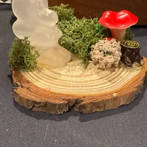 Fairy Friend - Miniature Forest Scene with Moss, Mushroom, and Tree Slice Decorative Piece