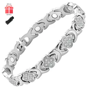 BELLA Lucky Four-Leaf Clover Magnetic Bracelet Features a powerful 3800 Gauss magnet, set with cubic zirconia gemstones, multi-layered fashion accessory, includes gift box and size adjuster. relaxation  bracelet