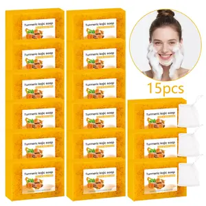 15 pcs turmeric and Kojic acid cleansing soap set, Turmeric Cleansing Soaps, containing lemon and vitamin E - handmade, alcohol free, suitable for all skin types - facial and body cleansing, Skin Care Soap, including 3 foaming nets, Soap Bar