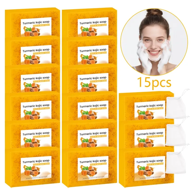 15 pcs turmeric and Kojic acid cleansing soap set, Turmeric Cleansing Soaps, containing lemon and vitamin E - handmade, alcohol free, suitable for all skin types - facial and body cleansing, including 3 foaming nets, Soap Package, Soap Bar