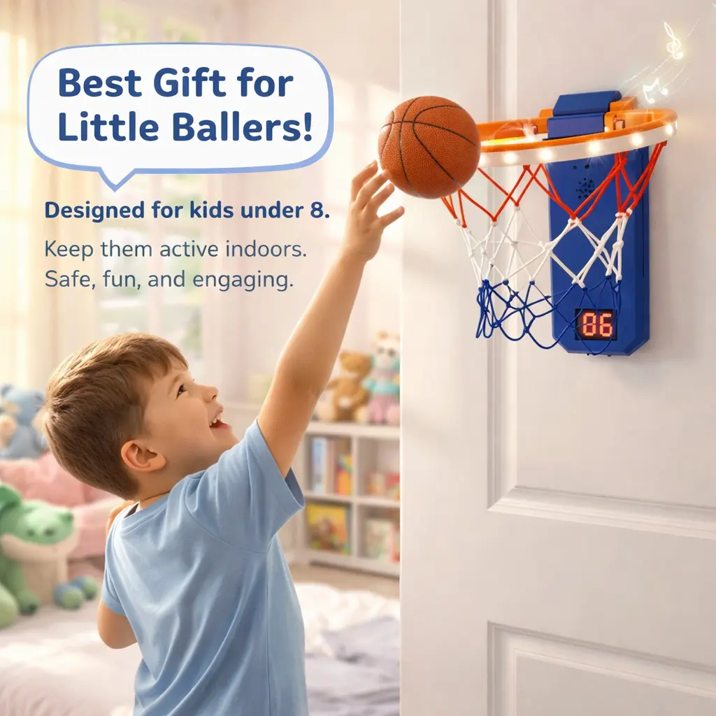 Kids' Mini Basketball Hoop, Drillless Installation Wall Mount Goal with Sticky Mounting Adhesive Hook, Auto-Scoring LED Scoreboard, Fun Sound Effects, Soft Indoor Ball, Toddler Birthday Toy Gift (Includes All Accessories), 3 - 4 Years