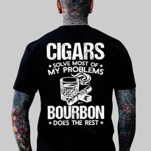 C1gars  Solve Most Of My Problems Bourbon Does The Rest Printed Men's T-shirt, Men'S Casual Short-Sleeved Summer T-Shirts, Gift T-Shirt For Men And Women