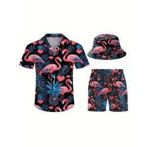 Men's 3-Piece Hawaiian Tropical Retro Clothes Set - Palm Leaves & Flamingos Menswear, Short-Sleeve Pocket Shirt, Elastic Beach Shorts, Fisherman Bucket Hat for Coastal Outings