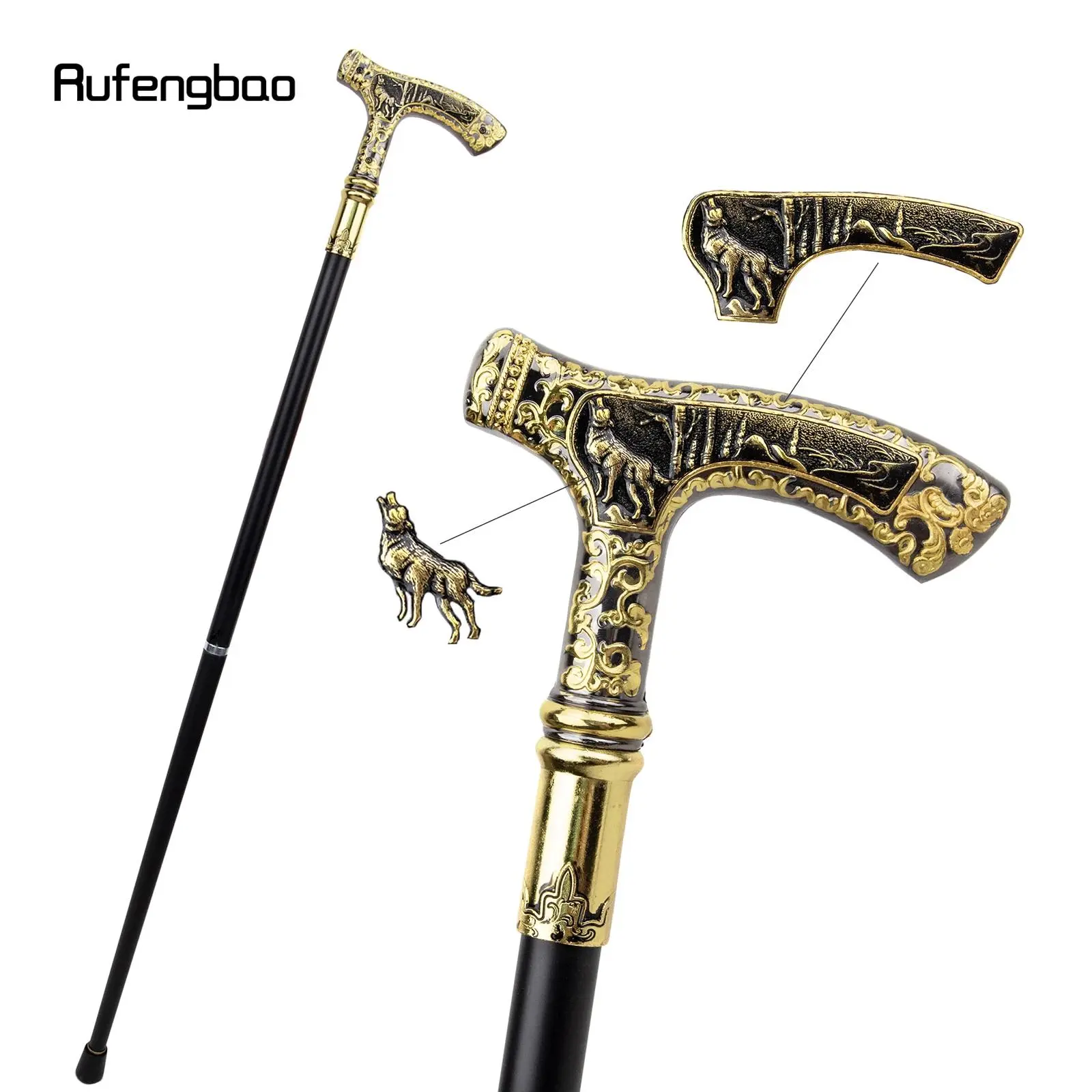 Golden Black Luxury Wolf Handle Outdoor Walking Cane Cool Fashion Decorative Walking Stick Gentleman Elegant Cosplay Cane Knob Crosier 90cm Hiking Stick