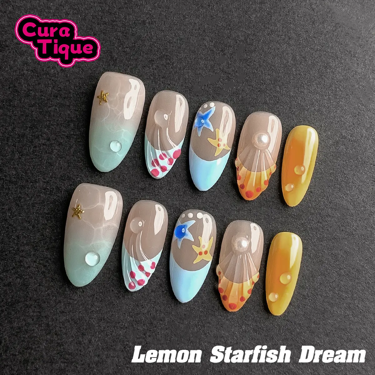Curatique Lemon Starfish Dream Press On Nails, 10PCS Handmade Reusable 3D Gel Nails with Star Pattern Rhinestones for Prom, Beauty Products, Cute Glam, Reusable Nails