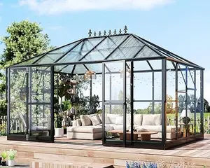 【Multi-Box Shipping】Amerlife Pavilion Styled Greenhouse with Clear Panels Double Swing Doors, 6 FT Wall Height Hybrid Polycarbonate Greenhouse, Green Houses for Outdoors, Sunroom