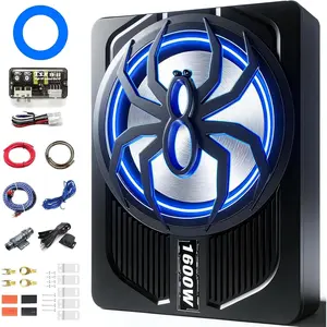 2026 Upgrade 1600W Slim Under Seat Car Subwoofer with Built In Amplifier RGB Blue Pulse Light All in One Subwoofer and Amp Package Low Pass Gain Bass Boost Control for Cars Trucks