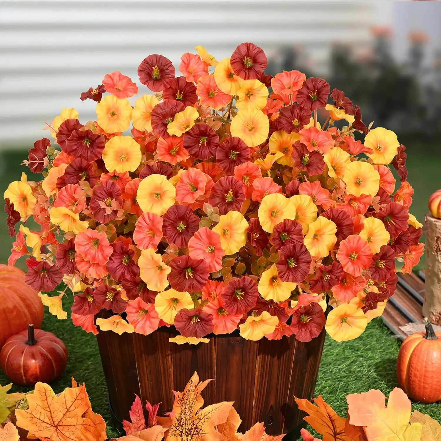 Artificial Mums for Outdoors, 12 Bundles Faux Mums for Outdoor Planters, Fall Flowers Artificial for Decoration, UV Resistant Fake Flowers for Garden Porch Yard Patio, Artificial Potted Flower, Brown, Orange & Yellow, Decorative