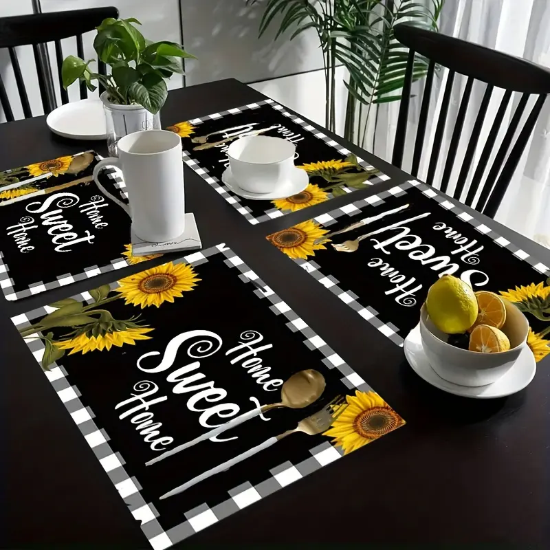 Sunflower Linen Placemats for Tableware - 4/6-Piece Geometric Printed Heat-Insulating Sets, 12×18in, Round Corners, Protects Table, Ideal for Outdoor Family Gatherings & Kitchen Decoration
