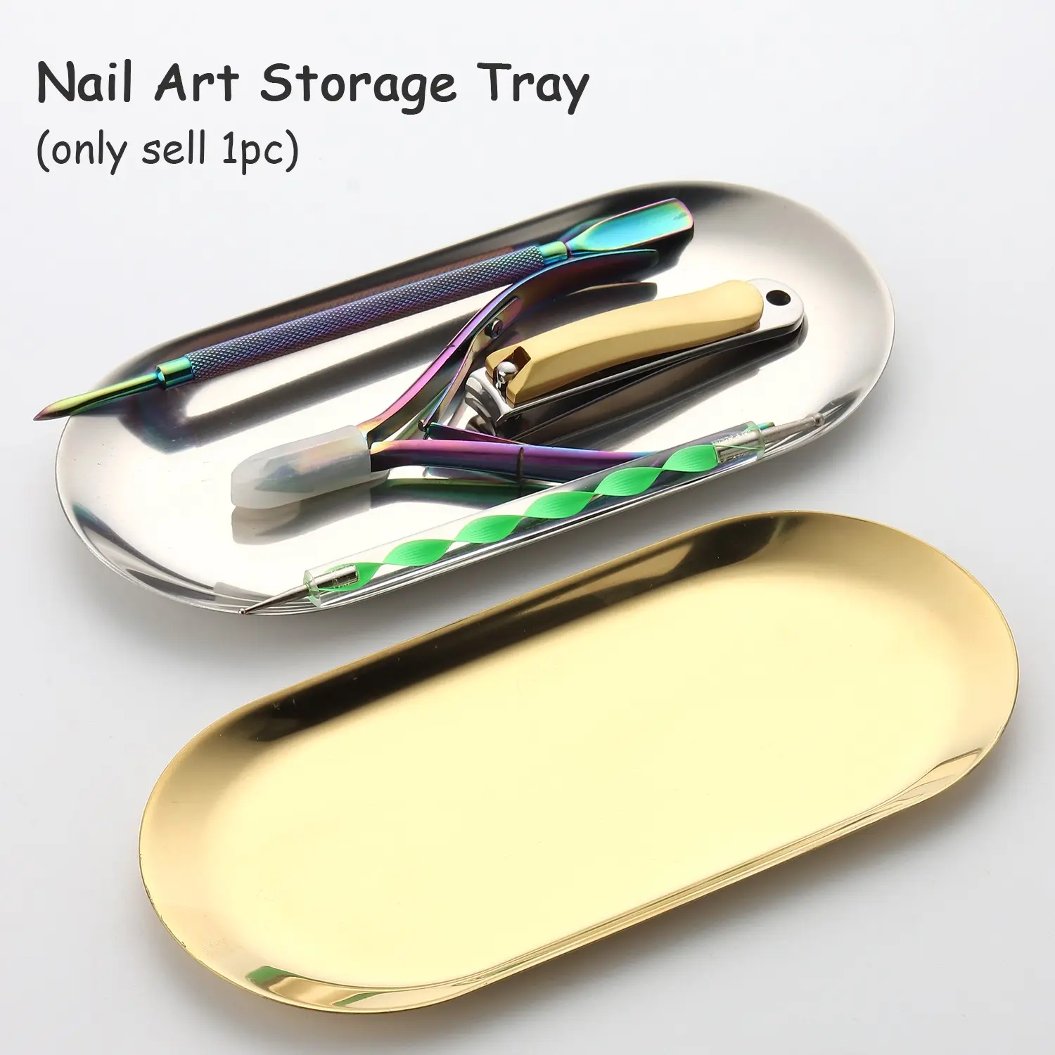 Oval Stainless Steel Nail Art Storage Tray, Gold & Silver Metal Durable Organizer Dish for Manicure Tools, Nail Decorations Display Plate Jewelry Rhinestone Cosmetic Accessory Holder, Nail Tool Box (Only Tray)