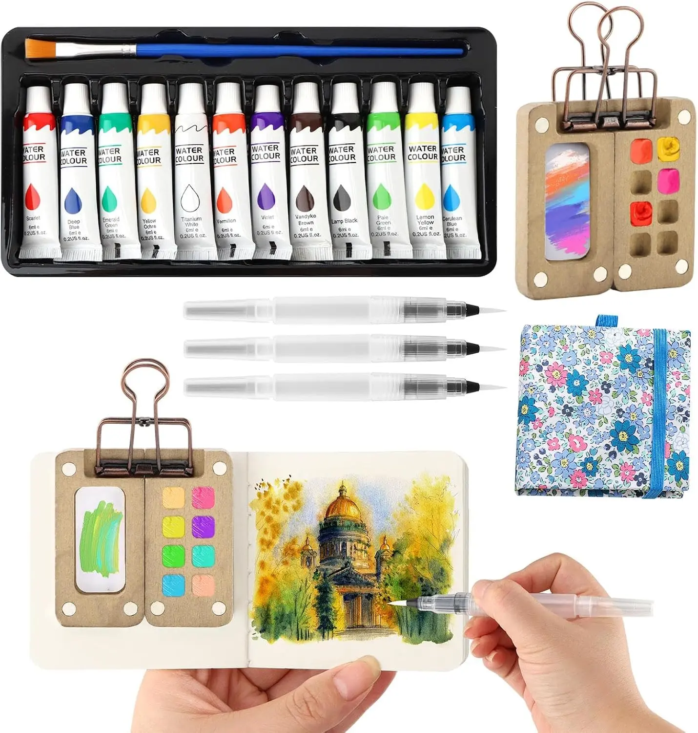 Mini Watercolor Paint Set, Portable Pocket Artist Water Color, Artist Palette Sets with Colours, Book,Binder Clip,Pens,Wooden Paint Box, Drawing Kit for Beginners, Art Enthusiasts