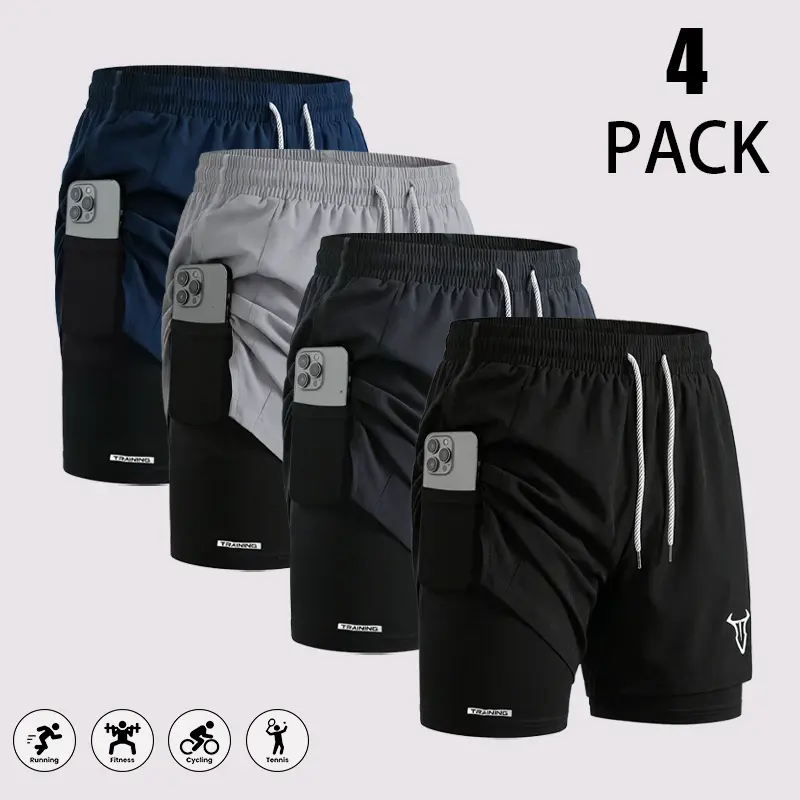 4pcs Men's 2 in 1 Double Layer Shorts Withinner Pocket,High Stretch Sports Shorts ForSummer Gym WorkoutTrainingSpringStatements, Athletic Breathable CasualCompression Day Elastic Fabric Fitness Big Loose FabricMenswear Short Athletic Gym Layer