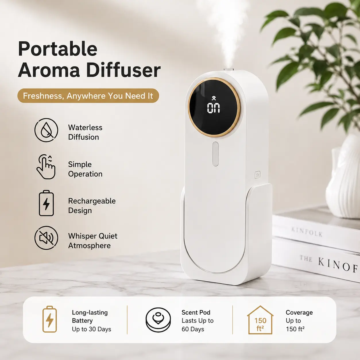 Waterless Portable Mini-Size Aroma Diffuser with 40ml Oil Tank for Home Fragrance