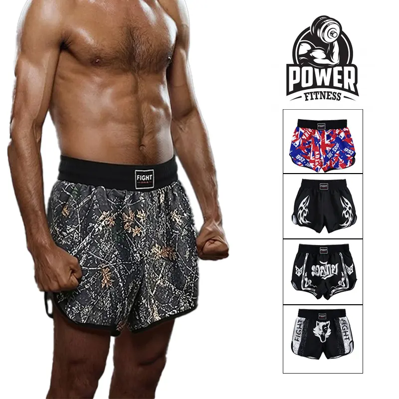 Men’s printed boxing shorts, loose fit with stretch, wide waistband; 100% polyester, breathable. Suitable for mixed martial arts, free fighting, real combat grappling, training, and fitness workouts. Multiple print options available.