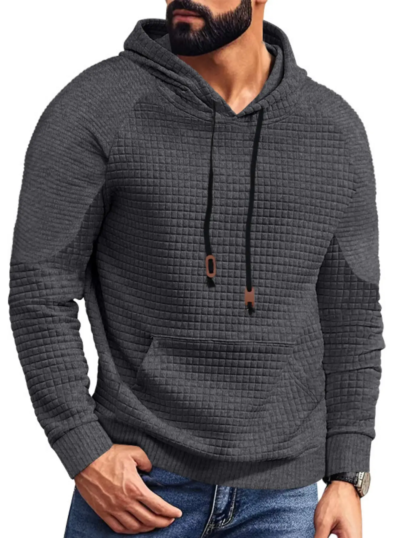 Men's Textured Plaid Hoodie, Lightweight Pressed Pattern Sports Shirt, Ideal for Daily Wear and Outdoor Activities