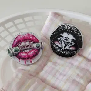 Glamorous "Hustler" Money Lips and Diamond Sparkle Phone Grip, Aesthetic Pink and Black Glittery Lip Art Phone Stand, Trendy Boss Babe Phone Accessory