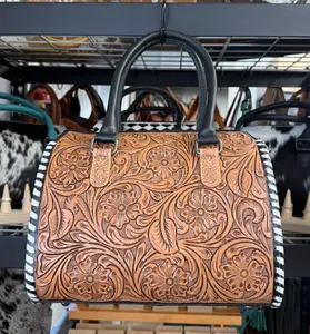 Genuine hand tooled leather speedy bag- All over brown tooled with white stitching