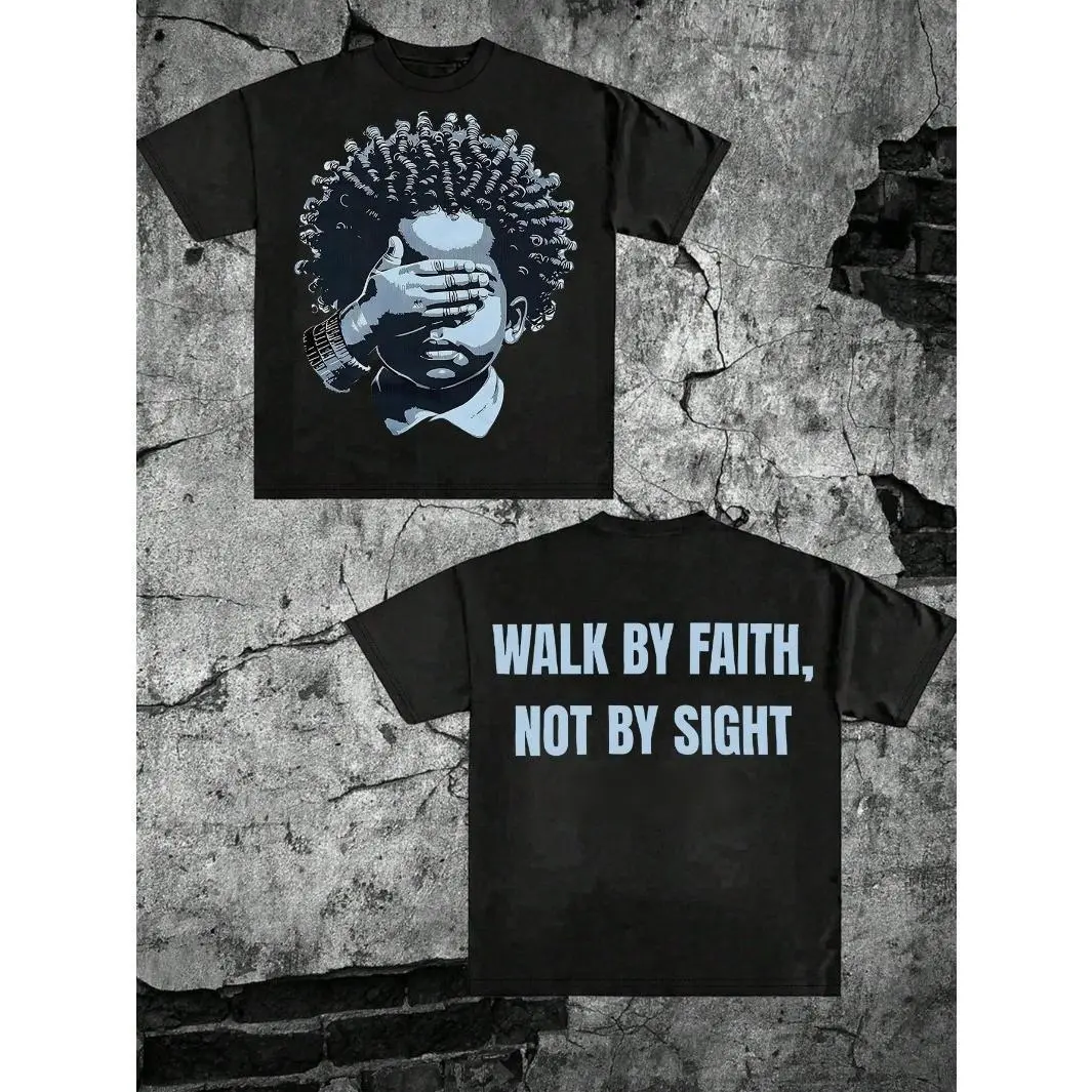 Unisex Oversized 100% Cotton Graphic Tee - Hand Over Eyes Digital Print, Walk By Faith Not By Sight, Lightweight Streetwear Short Sleeve Crewneck, Machine Washable Black Casual Sports Top, Smooth, Seamless, Shortsleeve, Soft, Round Neck, Tshirt, Fabric, G