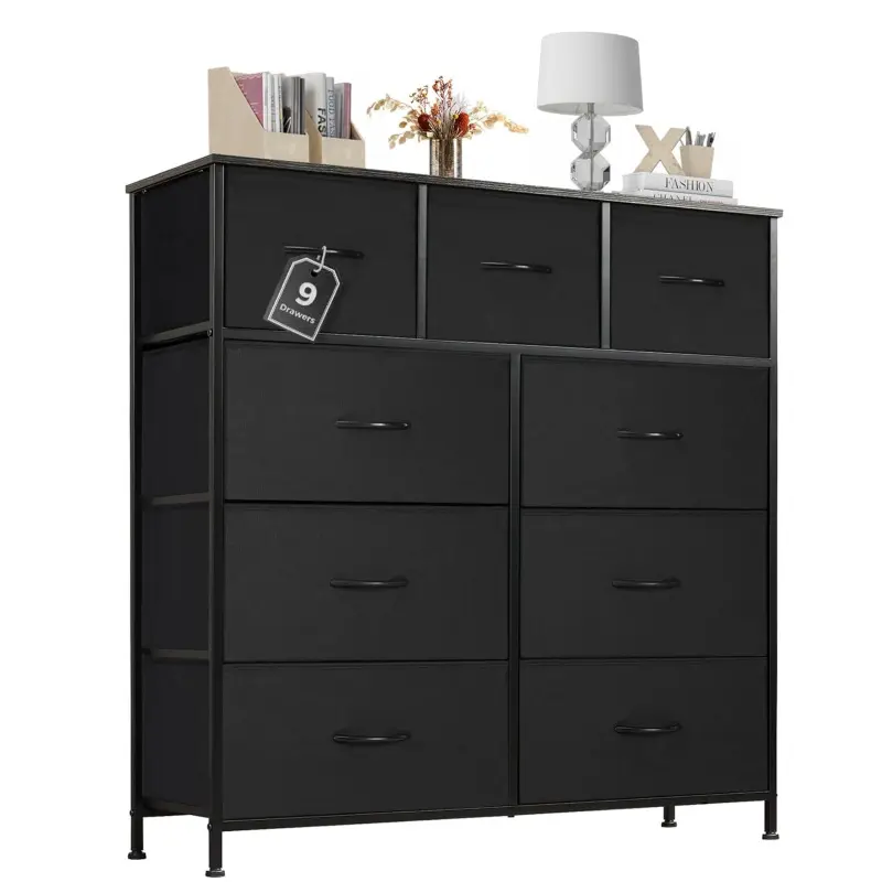 Minimalist Compact Bedroom Dresser with 9 Drawers, Anti-Tip Tall Fabric Storage Organizer Tower with Wooden Top, Metal Frame, Adjustable Ft & Room Decor for Clothes, Closet, Adjustable Feet, Dresser For Bedroom