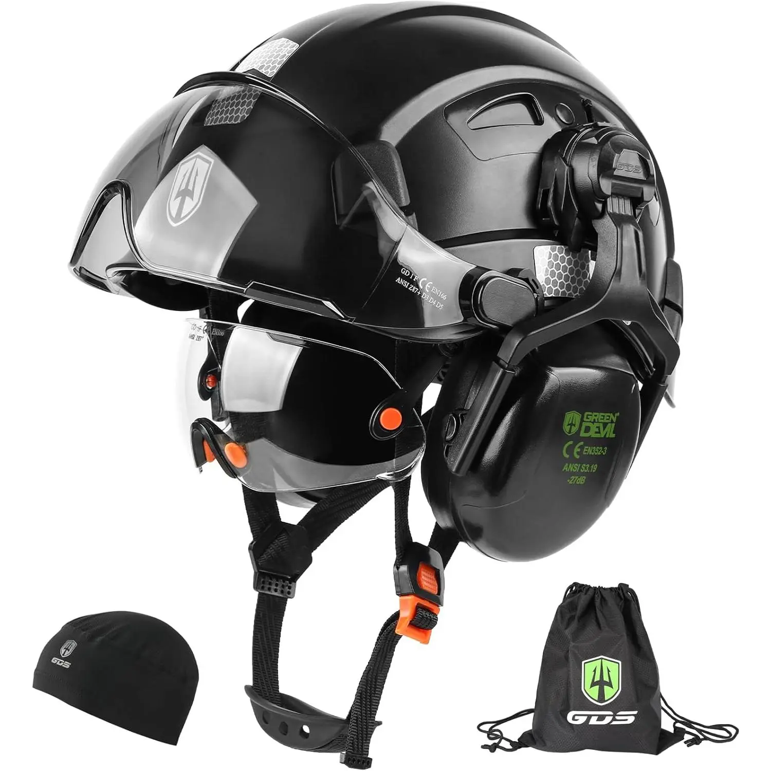New Hard Hat Design Vented Full Brim Safety Helmet (1.35 lbs) - Removable 27dB Noise Reduction Ear Muffs, Dual Face Shield, 6-Point Ratchet Suspension, Reflective Trim for Woodworking, Mowing, DIY Projects, Vented Safety Helmet, Gardening