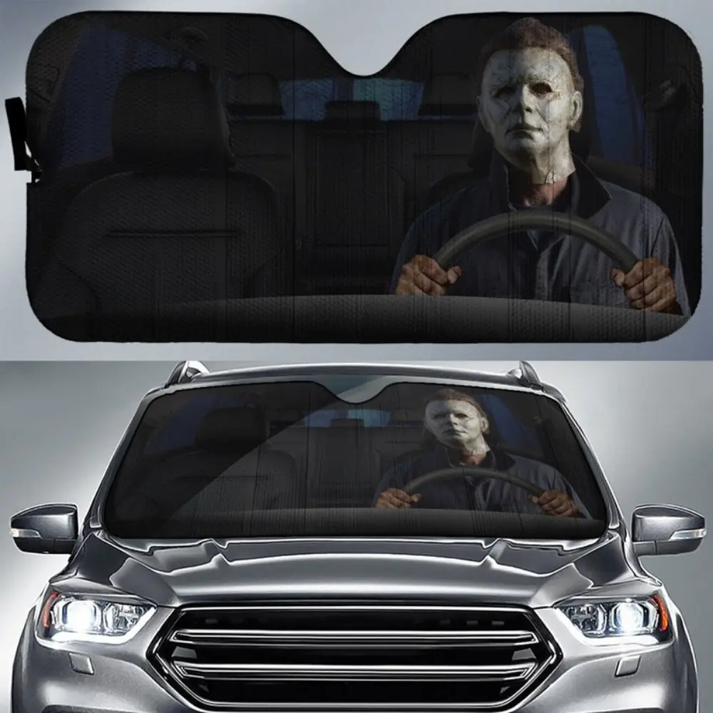 Michael Myers Halloween Themed Car Sunshade, Car Sunshades For Windshield, Protective Sunshade - UV Protection Windshield Accessory with Insulation Bubble Material, Fits Most Vehicles, Durable Polyester Material, Perfect for Halloween, Spooky Car Decor
