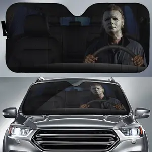 Michael Myers Halloween Themed Car Sunshade, Car Sunshades For Windshield, Protective Sunshade - UV Protection Windshield Accessory with Insulation Bubble Material, Fits Most Vehicles, Durable Polyester Material, Perfect for Halloween, Spooky Car Decor
