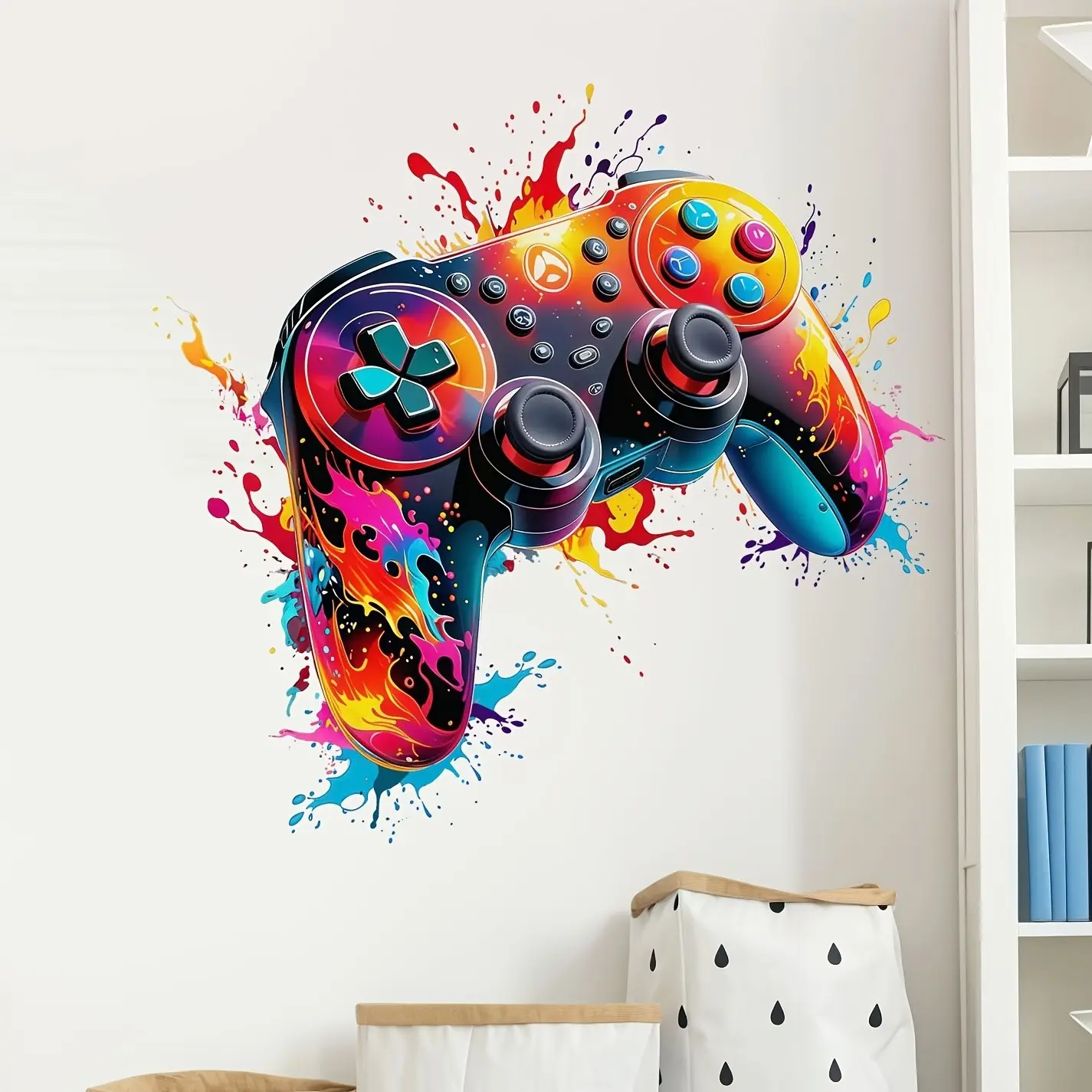 Flame Game Controller Wall Sticker, Baby Room Door Decorative Decal, Cool Gaming Handle Stickers, Game Room Decoration, Wall Art Stickers, Adhesive Stickers, Graphic Decal, Adhesive Decals
