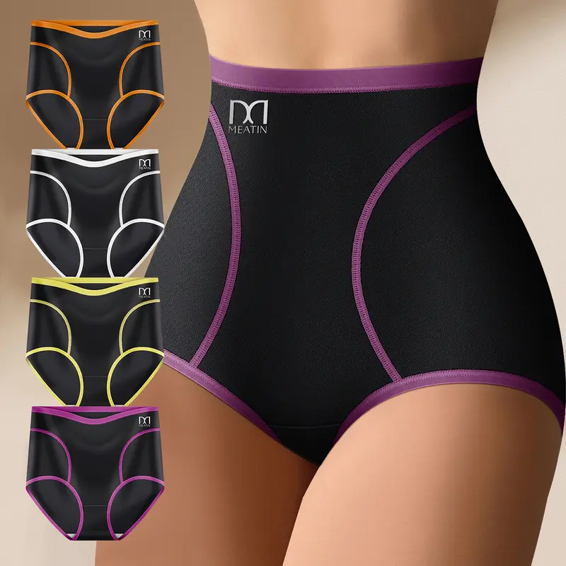 QUASTI Women's 4PCS High-Waist Knitted Everyday Briefs - Panties for Women, 4 Mixed Colors, Seamless, Polyester-Elastane Mix, Skin-Friendly Fabric, No Fuss, Cheeky, Classic, Chic Vintage Minimalist Intimates, S-XXL, Colorblock