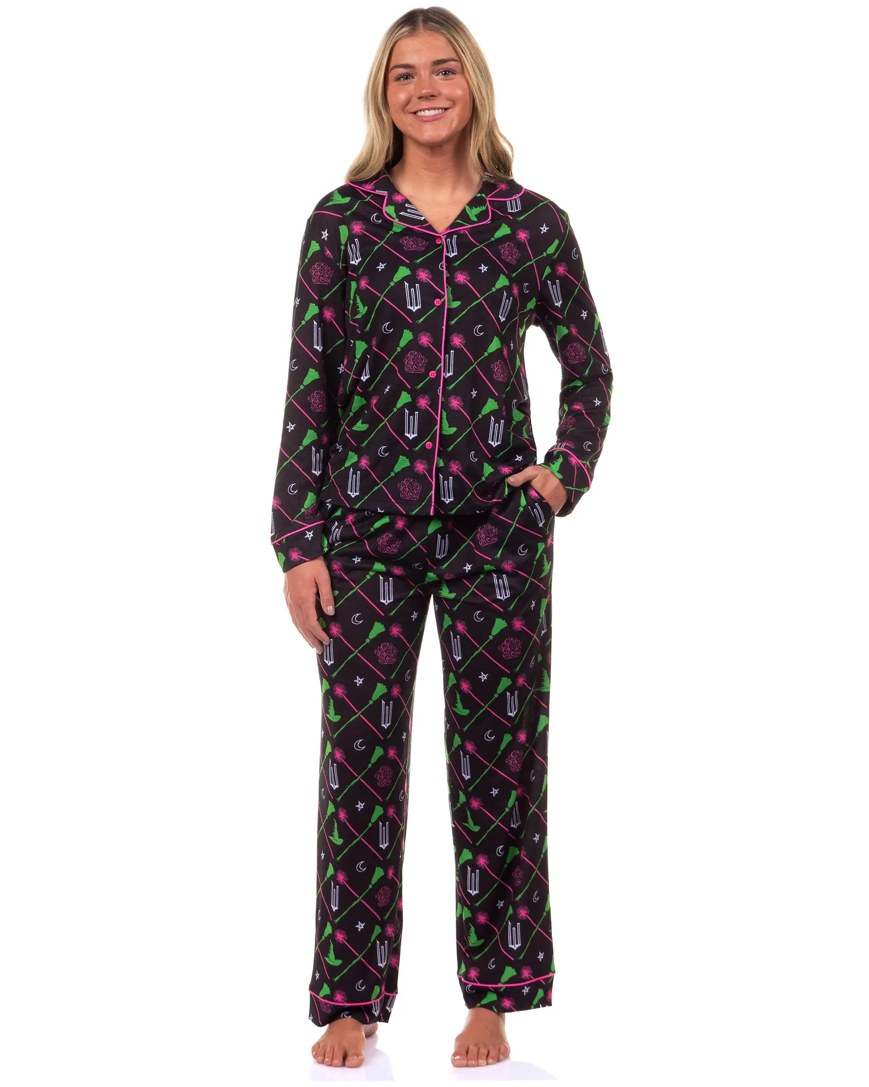 Wicked Pajamas Women's Elphaba and Glinda Long Sleeve Button Down Coat and Pant Pajama Set