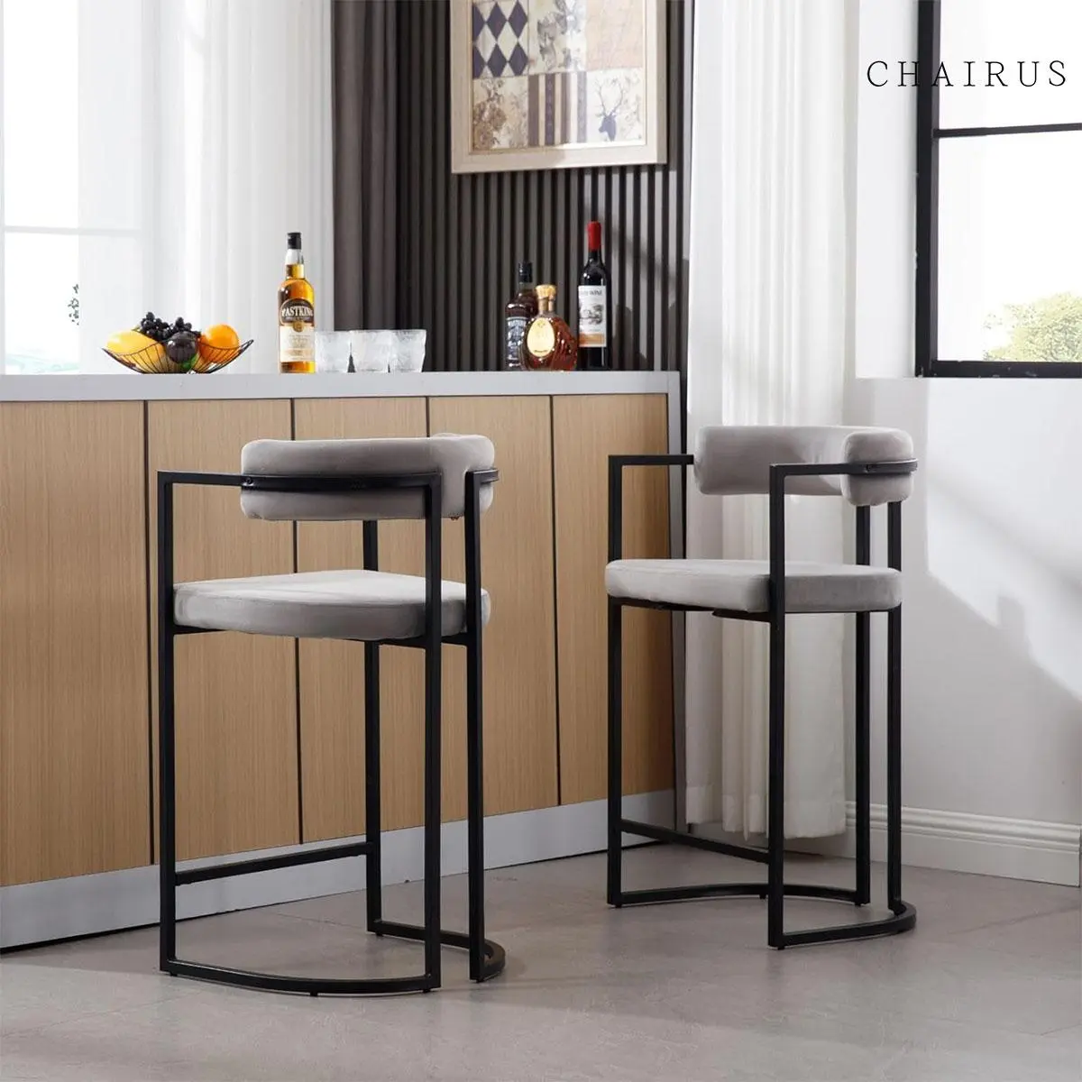 CHAIRUS 26-In Counter Height Barstools, 2-Seat Modern Faux Fur Upholstered Chairs with Footrest & Metal Base, Velvet Counter Height Chairs for Kitchen Island, Barstool,dorm essentials,home decor sohochic