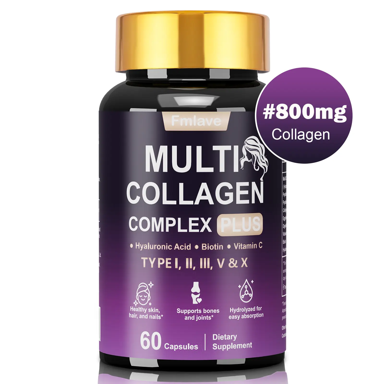 Fmlave Multi Collagen Complex | Contains Type I, II, III, V & X Collagen, Vitamin C, Biotin, Hyaluronic Acid & Digestive Enzymes | Nourishes Hair, Skin, Nails & Joints, Suitable for Beauty & Fitness, Ideal for Both Men & Women | 60 Capsules