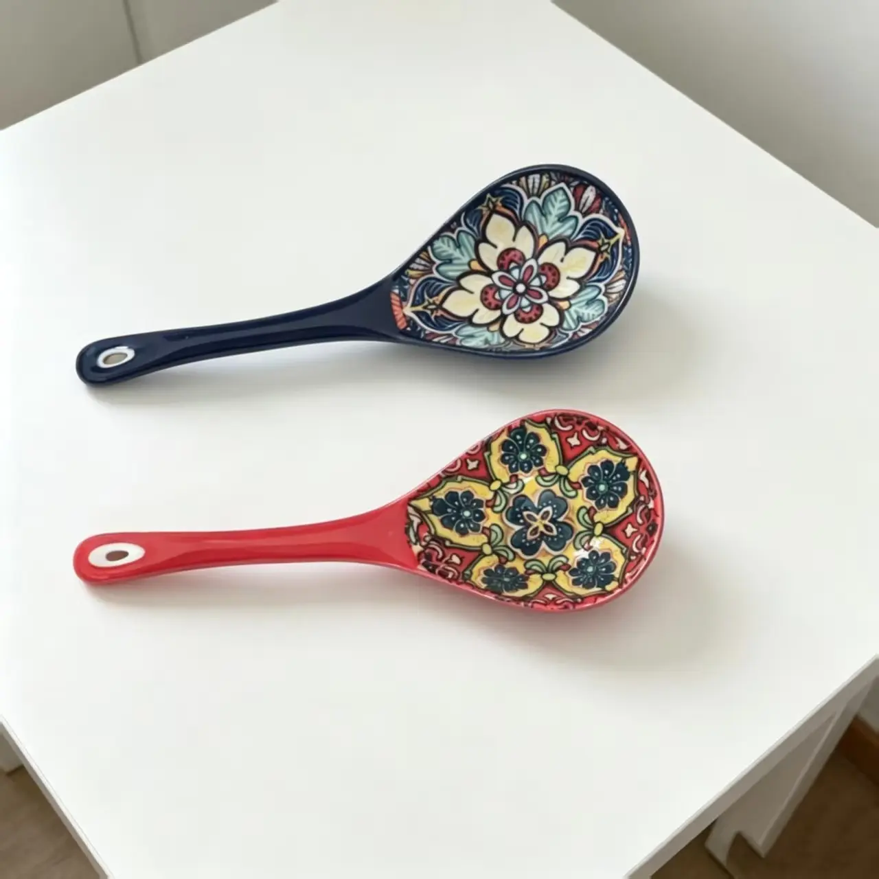 Bohemian Ceramic Spoon Set, Bohemian Pattern, Large Home-Size Serving Soup Spoon, Ramen Spoon, Miso Spoon, Dumpling Spoon, Microwave & Oven Safe Utensils, 2pcs
