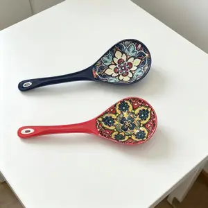 Bohemian Ceramic Spoon Set, Bohemian Pattern, Large Home-Size Soup Spoon, Ramen Spoon, Miso Spoon, Dumpling Spoon, Microwave & Oven Safe, 2pcs