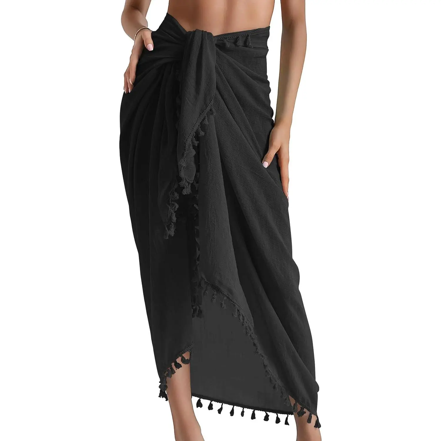 Women's Cotton Blend Long Tie-Up Trim Sarong Bathing Suit Coverup - Bikini Cover Ups, Beachwear Cover Up, Pareo Dress, Beach Outdoor Wear