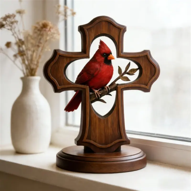 1PC Red Cardinal Cross Ornament, Wooden Cross Decorations, Religious Decor, suitable for gifting, can be placed on office desks, in home study rooms, living rooms, and dining tables