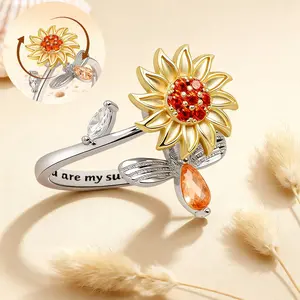 [Summer Vibes] PolarEve Sunflower Spinning Fidget Ring Anxiety Relief Finger Spinner with "You Are My Sunshine" Engraving for Granddaughter Gift