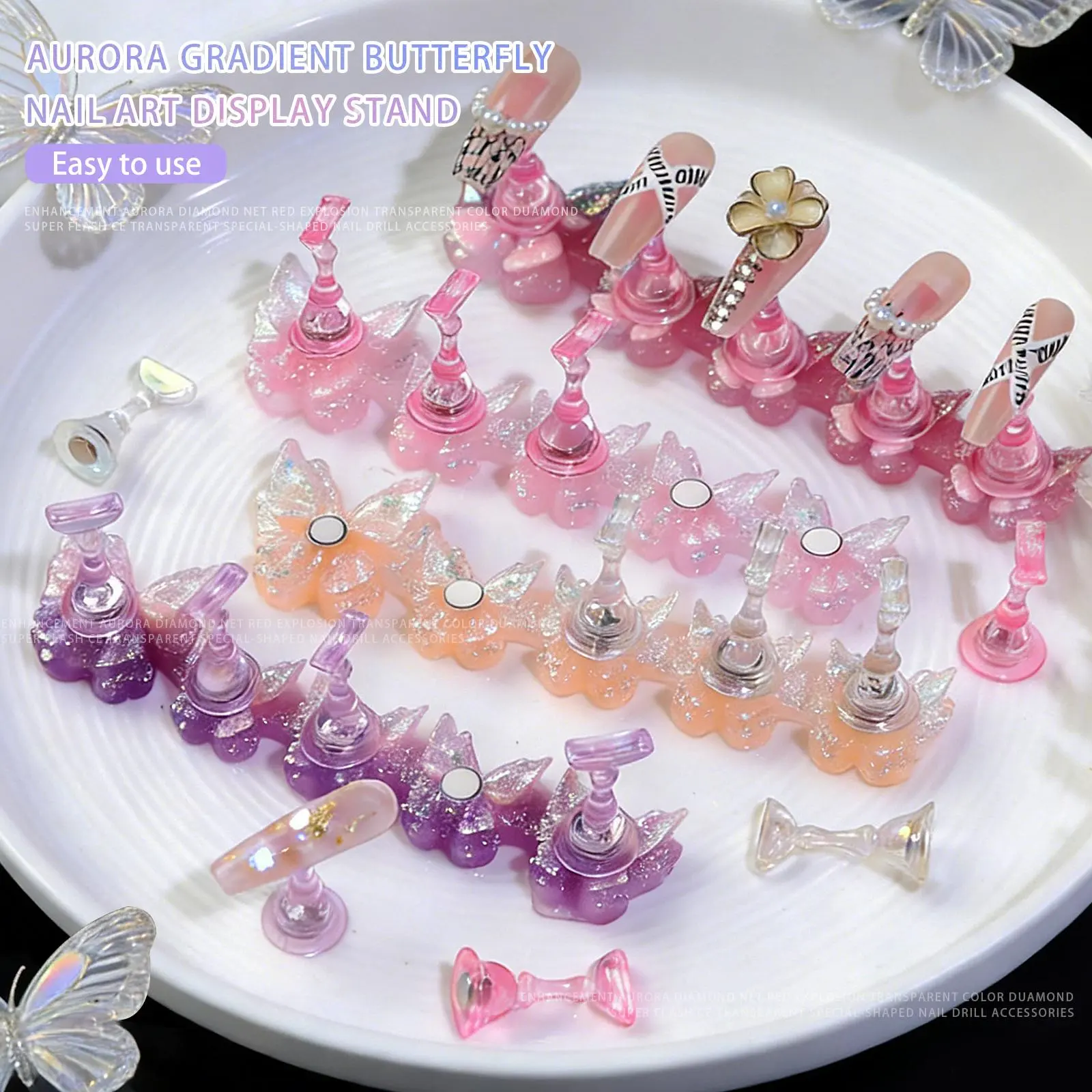 5pcs/set Aurora Gradient Butterfly Nail Stand Magnetic False Nails Holder Press on Nail Display Practice Nail Tools For Novice