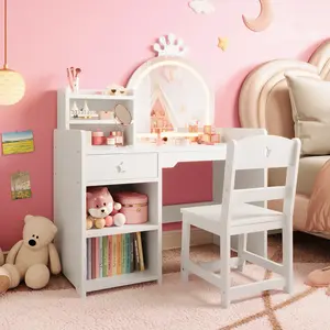 Kids Vanity Mirror with Lights Desk – LED Crown Mirror, Spacious Storage, Safe MDF for Girls’ Playroom