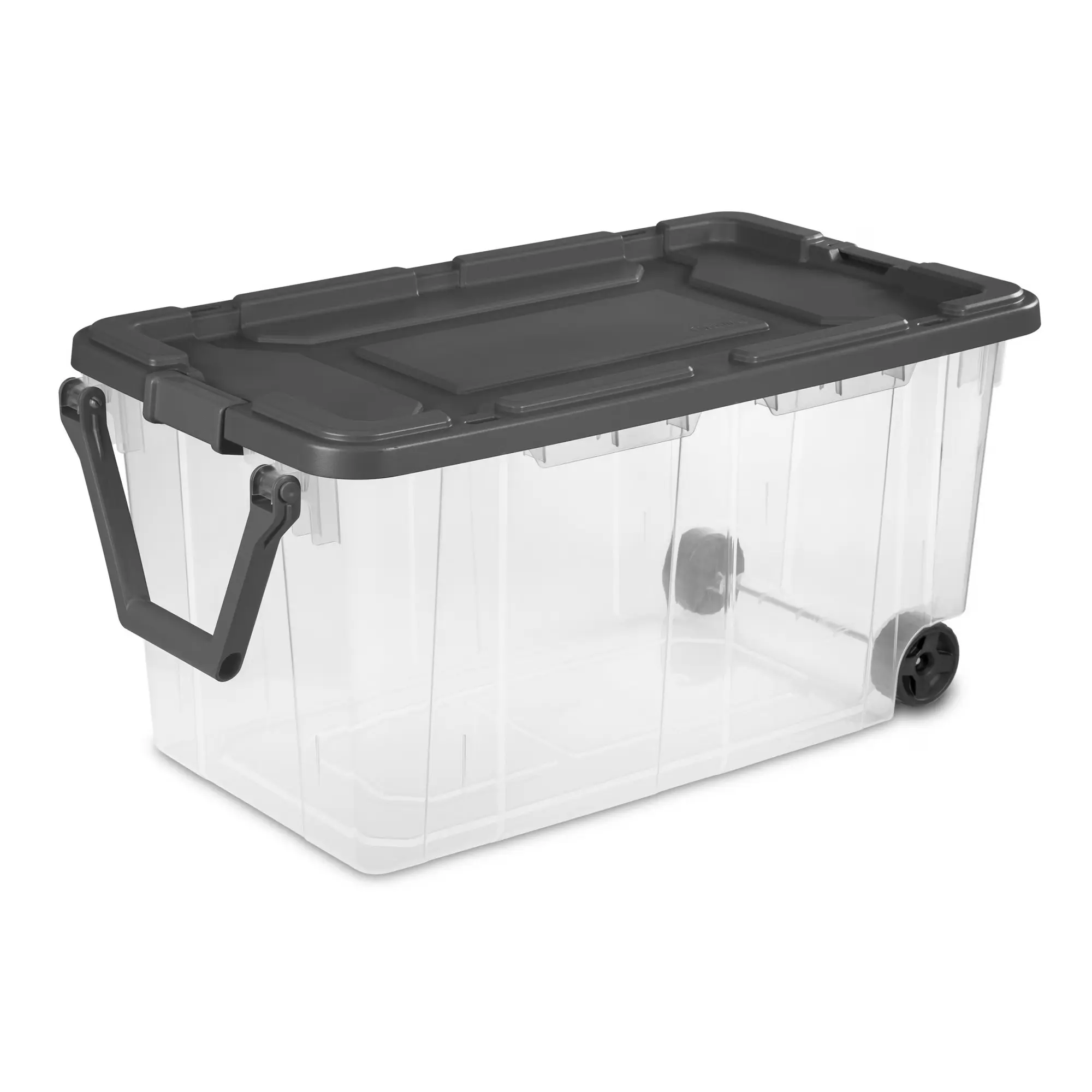 160 Quart Extra Large Storage Bin with Wheels, Clear Heavy Duty Plastic Container with Lid and Pull Handle, Dark Gray