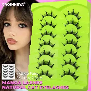GROINNEYA 5 Pairs/7 Pairs Spiky Manga Lashes 8D Wispy Faux Mink Lashes Anime Thick Eyelashes Full Strip Doll False Eyelashes Luxurious Wispy Eyelash Extension,Cosmetic False Lashes,Suitable For Christmas Party or Cosplay Anime