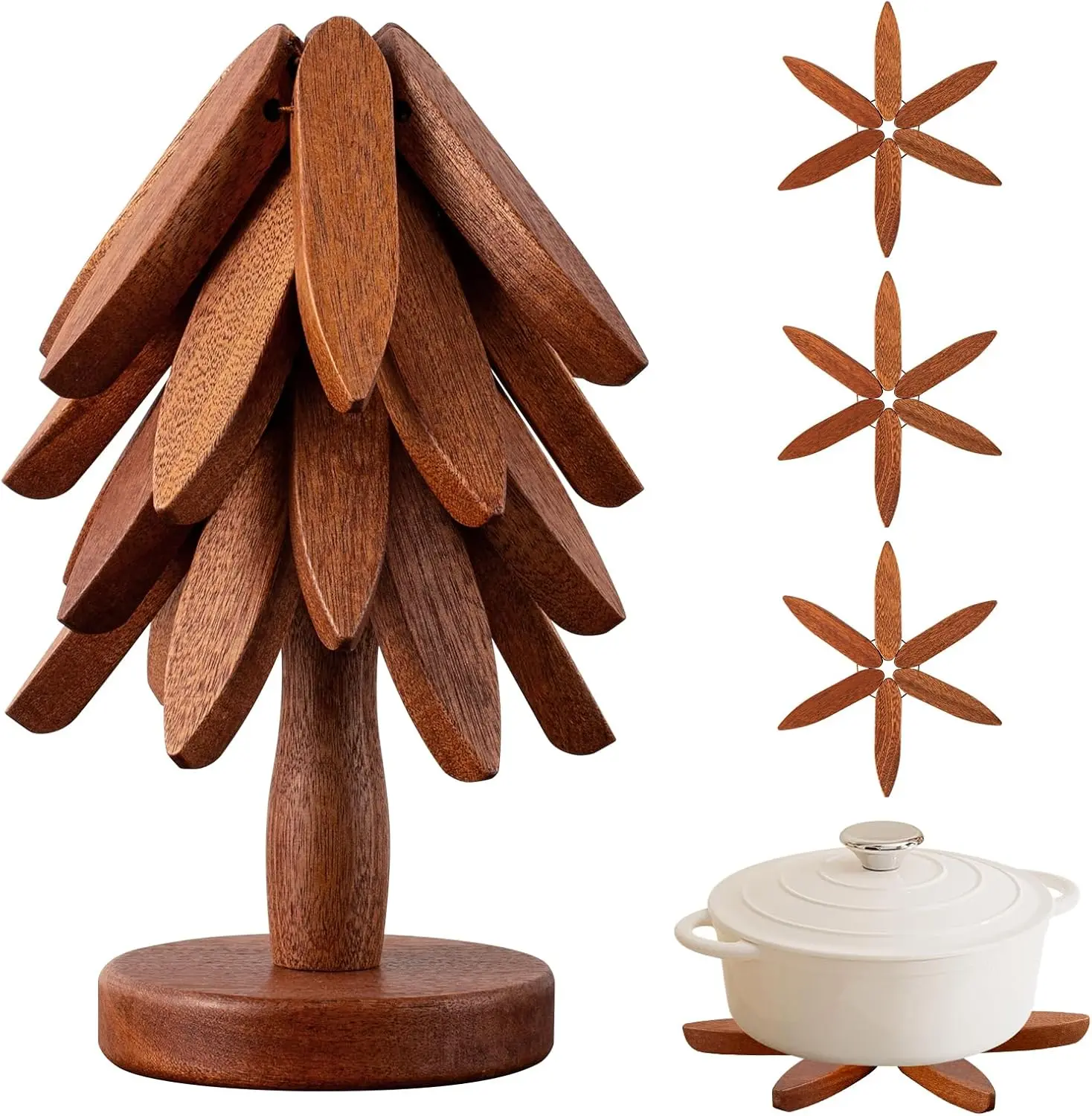 4 Wooden Trivet + 1 Stand, Wooden Trivets for Hot Dishes, Hot Dish Coaster with Tree-Shaped Wood Collapsible Hot Pad Trivet Tree for Restaurant