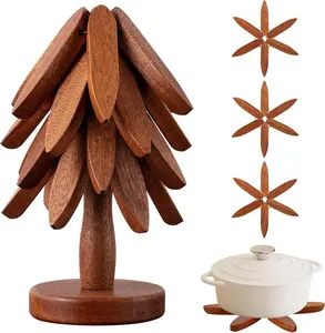 4 Wooden Trivet + 1 Stand, Wooden Trivets for Hot Dishes, Hot Dish Coaster with Tree-Shaped Wood Collapsible Hot Pad Trivet Tree for Restaurant