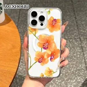 Magnetic Compatible Case for iPhone 16 E Pro Max 15 Plus 14 13 12 11 XS XR, Cute Orange Orchid Watercolor Design | Shockproof, Stylish, Girly, Scratch Resistant, and Silicone Protection