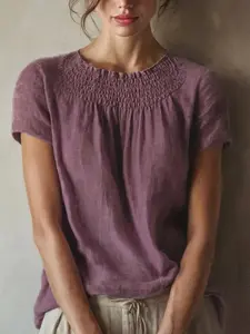 Vintage Solid Linen-Style Short Sleeve Round Neck Women's Top, Loose-Fit Casual Shirt, Elegant Daily Wear, Lady Leisure Style