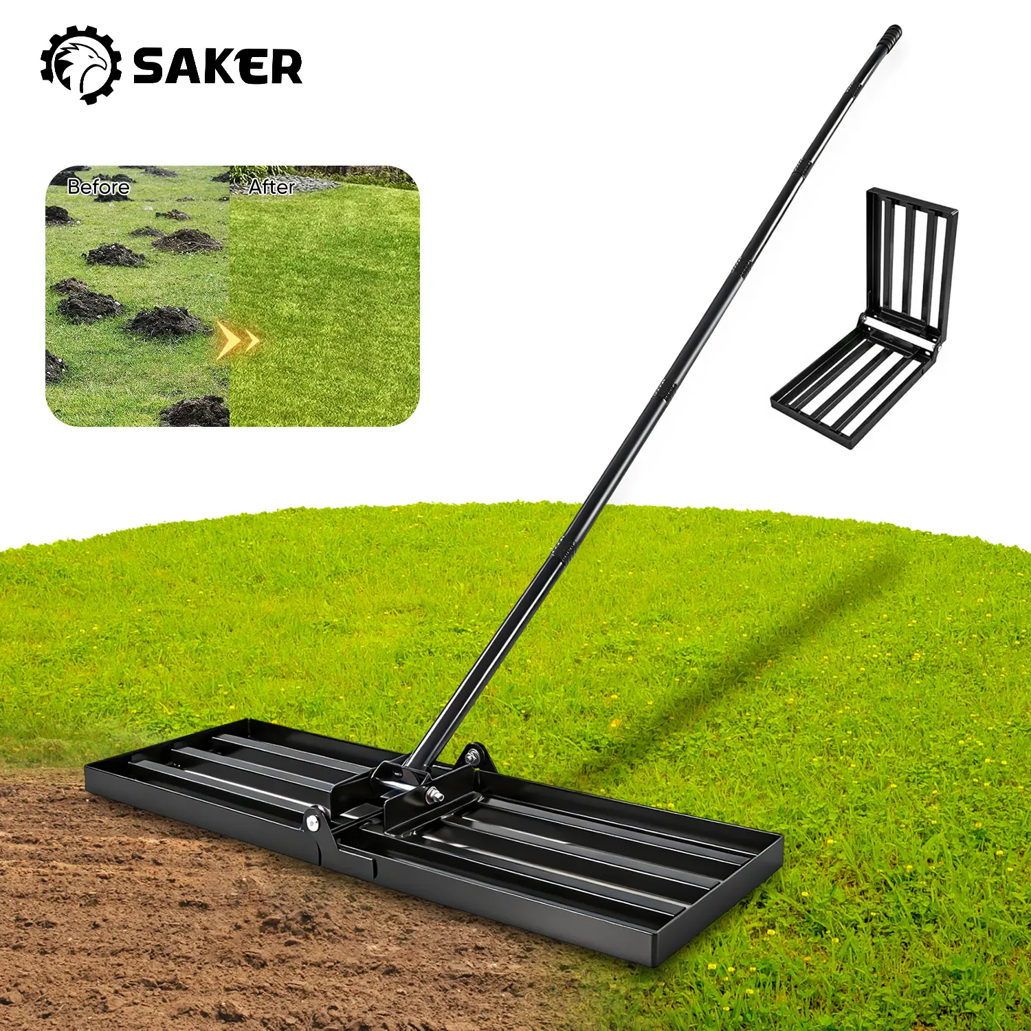 Saker Lawn Leveling Rake 30x10 Inch, 73-Inch Heavy Duty Lawn Leveler Tool with Stainless Steel Handle for Lawns, Backyard, Garden, Farm - Black