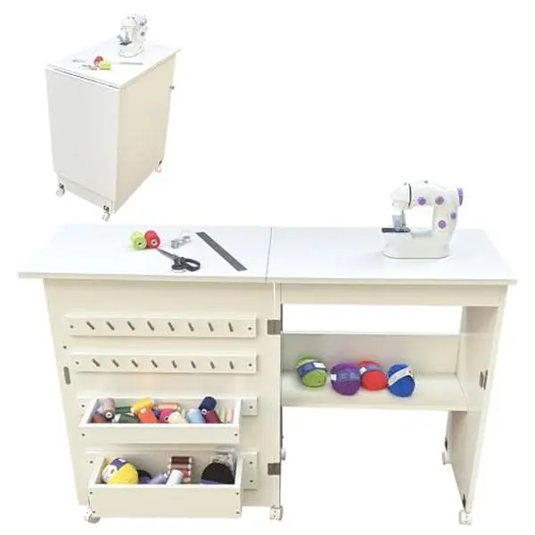 Space-Saving Folding Sewing & Craft Table – Multipurpose Desk with Storage Shelves, Trays, Magnetic Locks, Lockable Wheels – Ideal for Small Spaces & Studios, White