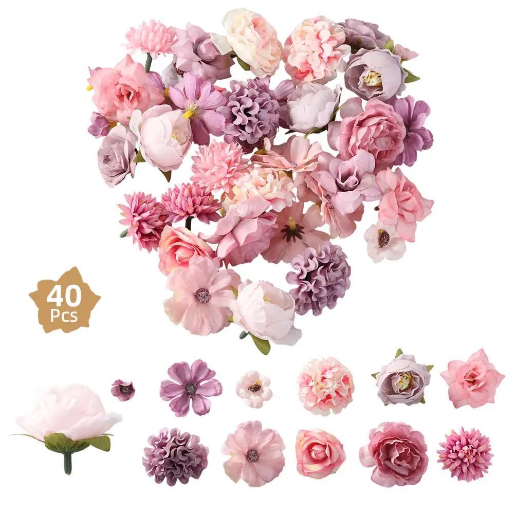 A Set of 40 Pcs Artificial Flower Heads,Faux Flowers for Crafting with 9 Styles,Mini Silk Flower Heads for Wedding Home DIY Crafts Scrapbooking Decorative,Halloween Christmas Party Gifts,Hand Tools Kits